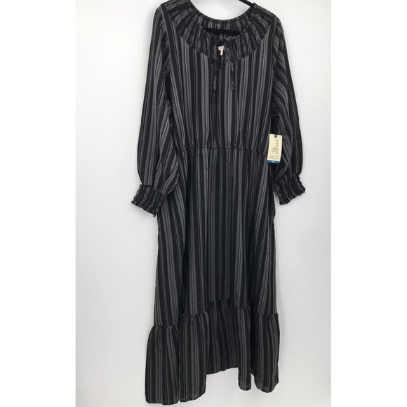Terra & Sky Peasant Tiered Boho Maxi Dress Black Ikat Striped 2X NEW - Picture 3 of 7